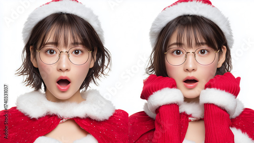 女性がサンタ姿で驚き顔見せ