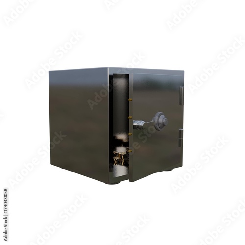 3D render of an open metal safe containing stacks of shiny golden coins, symbolizing wealth, savings, financial security, investment, and banking protection.