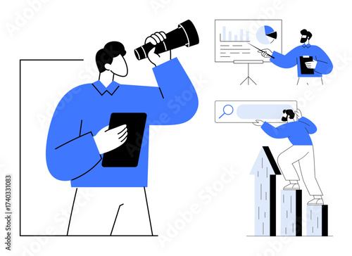 Person with telescope and tablet symbolizes strategy. Insights delivered via charts and search bar. Growth visualized by climbing arrows. Ideal for leadership, analytics, management, planning
