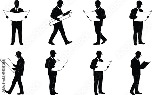Architect silhouette, engineer blueprint, business professional, construction planning, project design, technical drawing, office worker, professional occupation