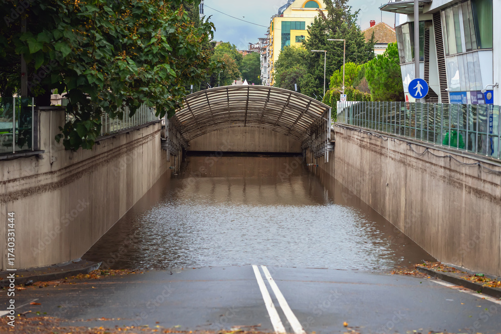 Fototapeta premium Flooded underpass blocks city road, with fallen leaves and rain-soaked asphalt in the foreground. Concept of flooding, stormwater, and dangerous road conditions