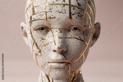 A sculpture of a human face with cracked surface features gold fills in the cracks, embodying a blend of fragility and resilience. The expression is neutral with a contemplative gaze