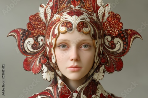 Intricate headpiece with red, white patterns frames a serene woman's face, embodying elegance and art. The detailed design evokes a sense of cultural richness and ornate beauty
