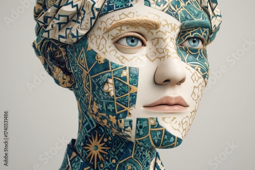 A ceramic-like human face with detailed blue and tan patterns resembling traditional tiles. The intricate design covers both face and head, creating an artistic and surreal appearance