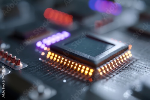 A close-up of a microchip on a circuit board, surrounded by glowing orange, purple, and blue lights. The surface is metallic with various electronic components visible in the background
