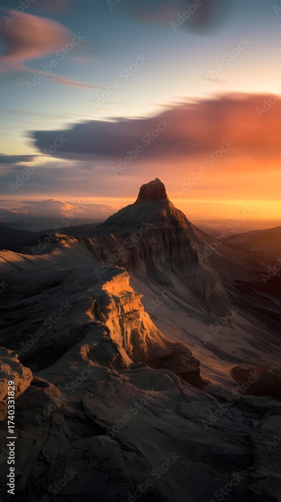 Naklejka premium Dramatic sunset over rugged mountain peaks with colorful sky