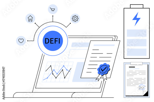 Laptop screen displays financial graphs, smart contract certificates, and decentralized finance connections. Ideal for fintech, blockchain, technology, investment, analytics, cryptocurrency