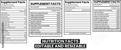 Editable nutrition facts label template for food packaging and product information design with customizable text fields and vibrant color options