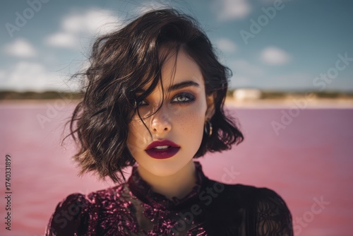 A woman with dark, wavy hai...