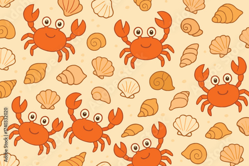 Cute cartoon orange crabs and seashells seamless pattern on a light yellow background