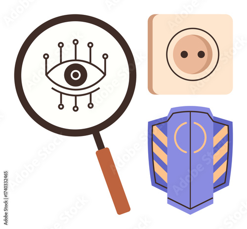 Magnifying glass with digital eye, shield, and plug socket emphasizing cybersecurity, data privacy, and technology. Ideal for security, analytics, innovation, privacy investigation research simple