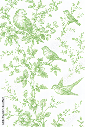Elegant seamless toile pattern featuring hand-drawn songbirds perched among blooming branches and delicate foliage. The green linework on a light background gives it a vintage botanical aesthetic