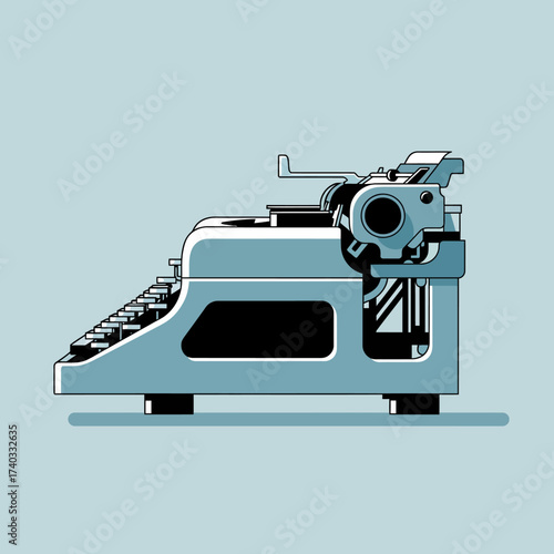 Vintage blue typewriter illustration for writers and journalists, a classic tool for storytelling and creative inspiration on a simple background