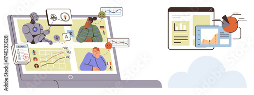 Robot, charts, and diverse individuals on a laptop interacting with data, graphs, and reports. Ideal for AI, online learning, remote work analytics teamwork communication productivity. Simple