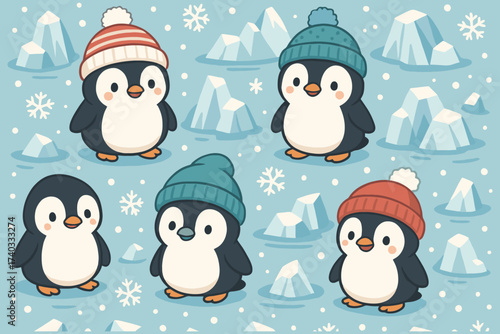 Cute cartoon penguins wearing knitted hats in a snowy arctic landscape with icebergs and snowflakes