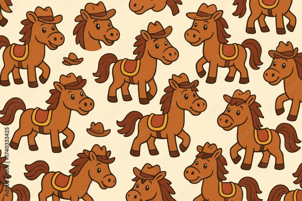 Obraz premium Charming cowboy horses seamless pattern with western hats and saddles on a light background