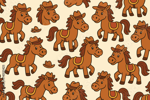 Charming cowboy horses seamless pattern with western hats and saddles on a light background
