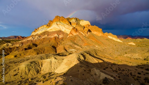 Mountain Landscape with Rainbow and Colorful Geological Formations
