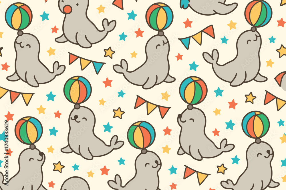 Fototapeta premium Cute cartoon seals balancing colorful balls on their noses in a playful circus pattern