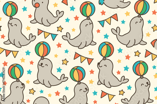Cute cartoon seals balancing colorful balls on their noses in a playful circus pattern