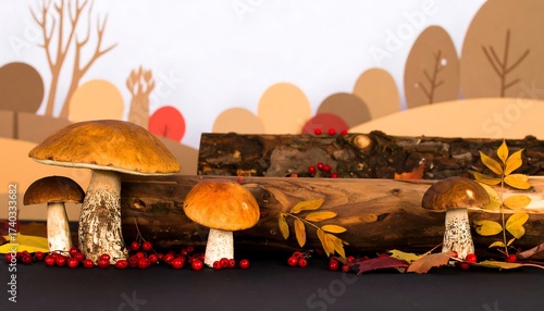 Mushrooms and Autumn Leaves on a Log with Red Berries in Nature
