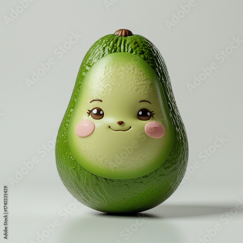 Adorable avocado character with a cute face and rosy cheeks isolated on a neutral background.