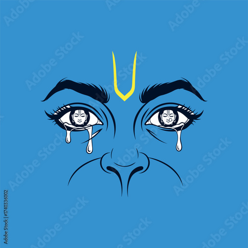 Conceptual vector art depicting Lord Hanuman's eyes, reflecting Lord Rama and Sita, with tears symbolizing deep devotion and sorrow on a vibrant blue background.