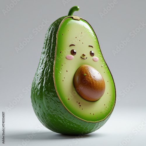 A stylized, ultrarealistic avocado character with a cute face, set against a light grey background.