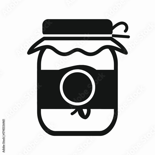 A simple black and white icon of a glass jar of homemade preserves with a fabric cover and label.