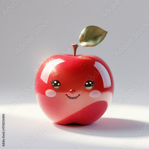 Ultrarealistic kawaii style image showcases a smiling cartoon apple on a plain background.