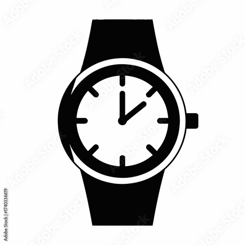 A simple black and white graphic icon of a classic analog wristwatch isolated on a white background.