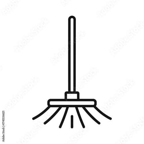 Line art icon of a garden rake with a long handle and multiple tines for yard work.