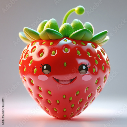 A cute and vibrant strawberry character smiles in a professional, ultrarealistic photo style.