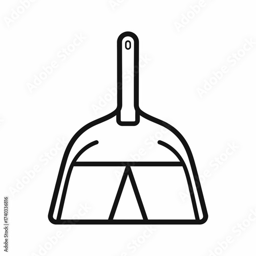 Line art illustration of a dustpan with a handle and a triangular design on the front.