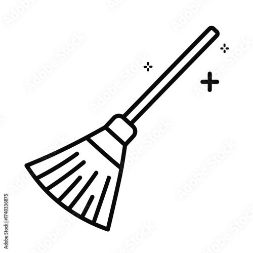 A simple black and white line drawing of a broom with sparkles indicating cleanliness.