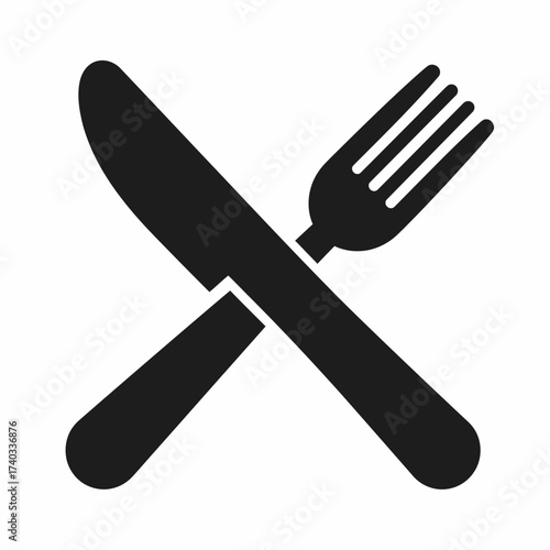 Black silhouette icon of a knife and fork crossed, symbolizing dining, restaurant, or food service.
