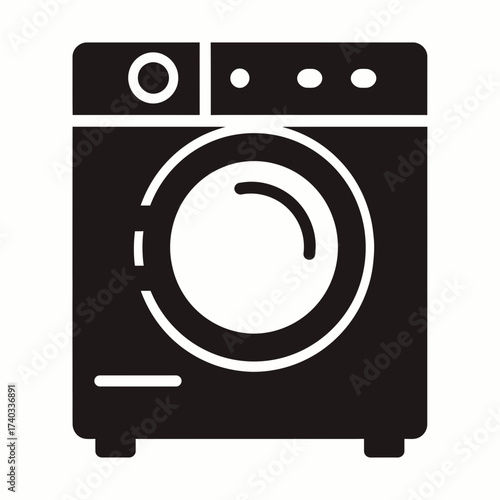 A black and white illustration of a front-loading washing machine with a circular door and control panel.
