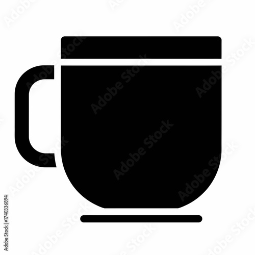 Black and white illustration of a coffee mug with a handle, simple design.