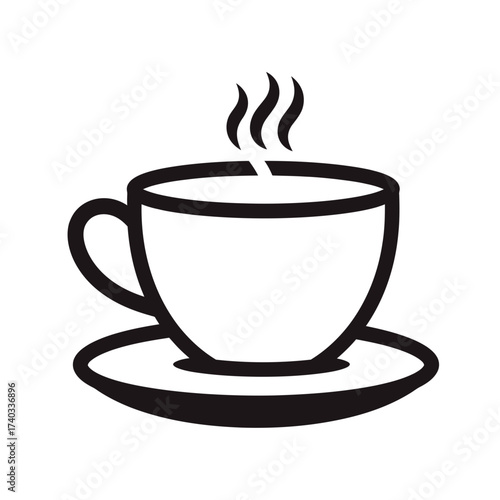 Illustration of a steaming cup of coffee on a saucer.