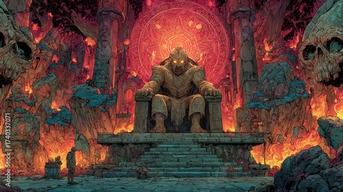 A fearsome throne room with a seated figure. The environment has a menacing and fiery atmosphere with ominous skull elements, a dark setting. comic book style