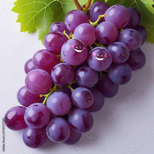 A bunch of ripe, purple grapes with smiling faces conveys a fun and healthy message.