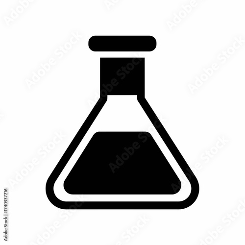 Black and white illustration of a laboratory flask, containing liquid, for scientific experiments.