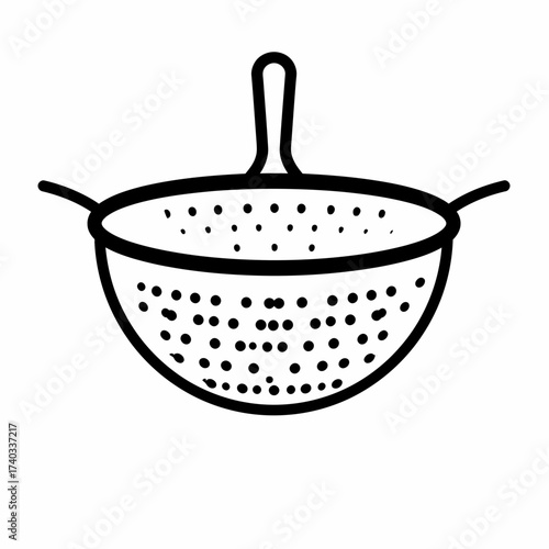 Black and white illustration of a kitchen colander with a handle and two side handles.