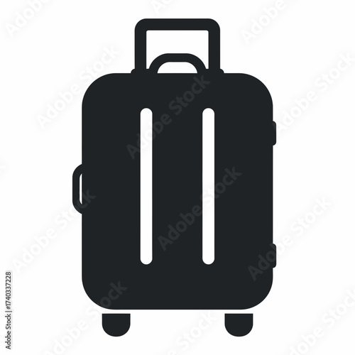 A black silhouette of a rolling suitcase with a retractable handle and two wheels.