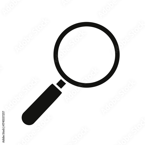 A simple black and white illustration of a magnifying glass for searching.