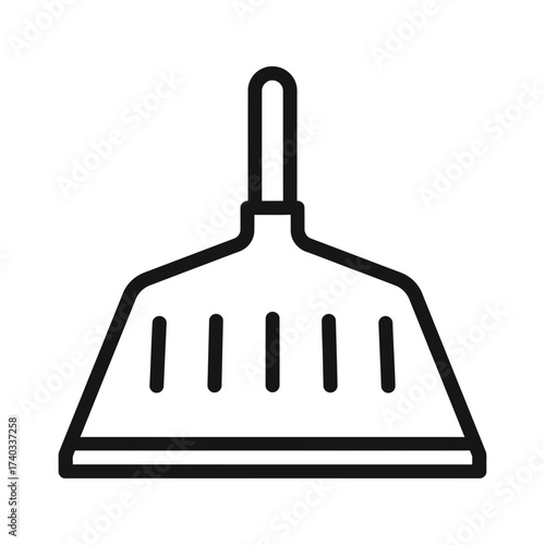 Illustration of a dustpan with a handle and slots for collecting debris.
