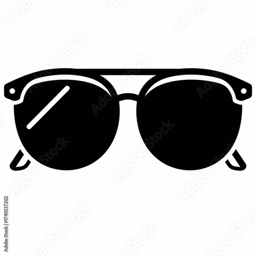 A simple black silhouette icon of a pair of stylish sunglasses with a double bridge design.