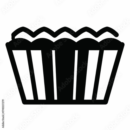 A simple black and white graphic icon of a striped bucket filled with popcorn.