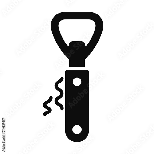 Black silhouette icon of a bottle opener with an integrated corkscrew tool for beverages.
