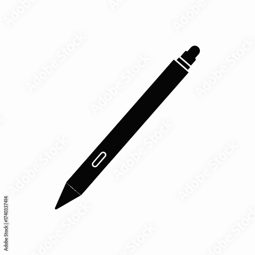 A black silhouette icon of a modern digital pen or stylus for a tablet, isolated on a white background.